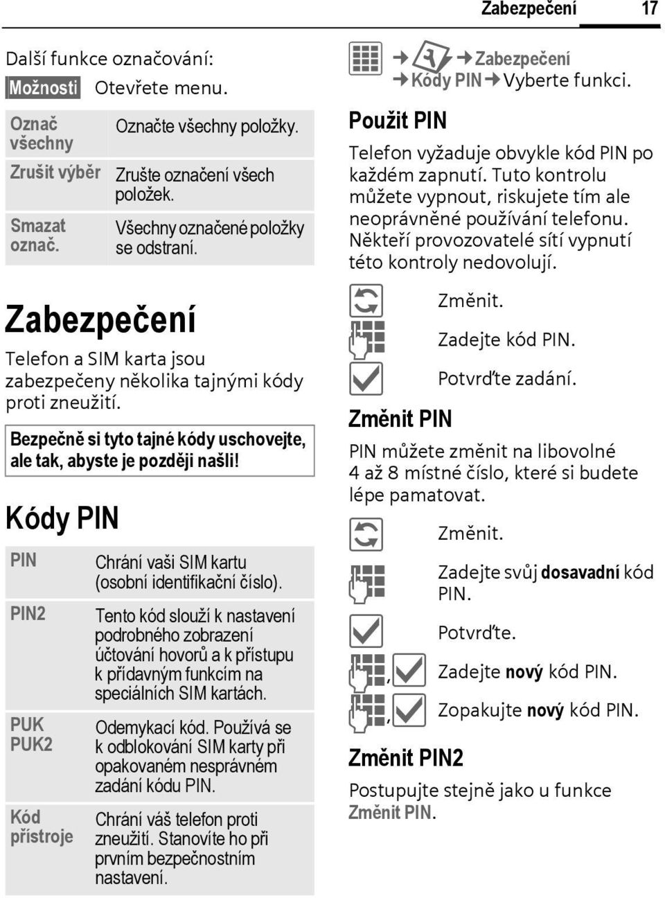 PIN PIN2 PUK PUK2 Kód přístroje Chrání vaši SIM kartu (osobní identifikační číslo).