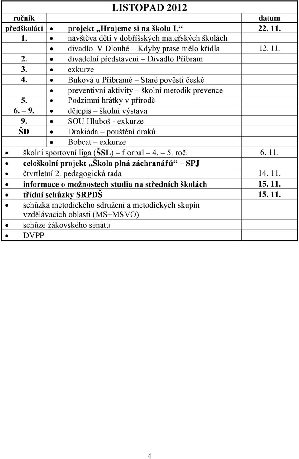 SOU Hluboš - exkurze ŠD Drakiáda pouštění draků Bobcat exkurze školní sportovní liga (ŠSL) florbal 4. 5. roč. 6. 11.