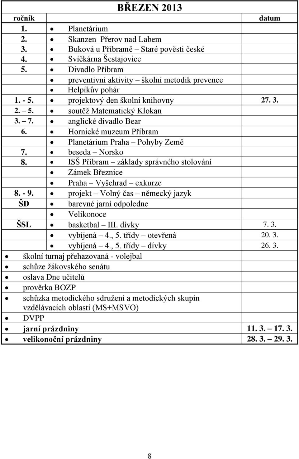 Hornické muzeum Příbram Planetárium Praha Pohyby Země 7. beseda Norsko 8. ISŠ Příbram základy správného stolování Zámek Březnice Praha Vyšehrad exkurze 8. - 9.