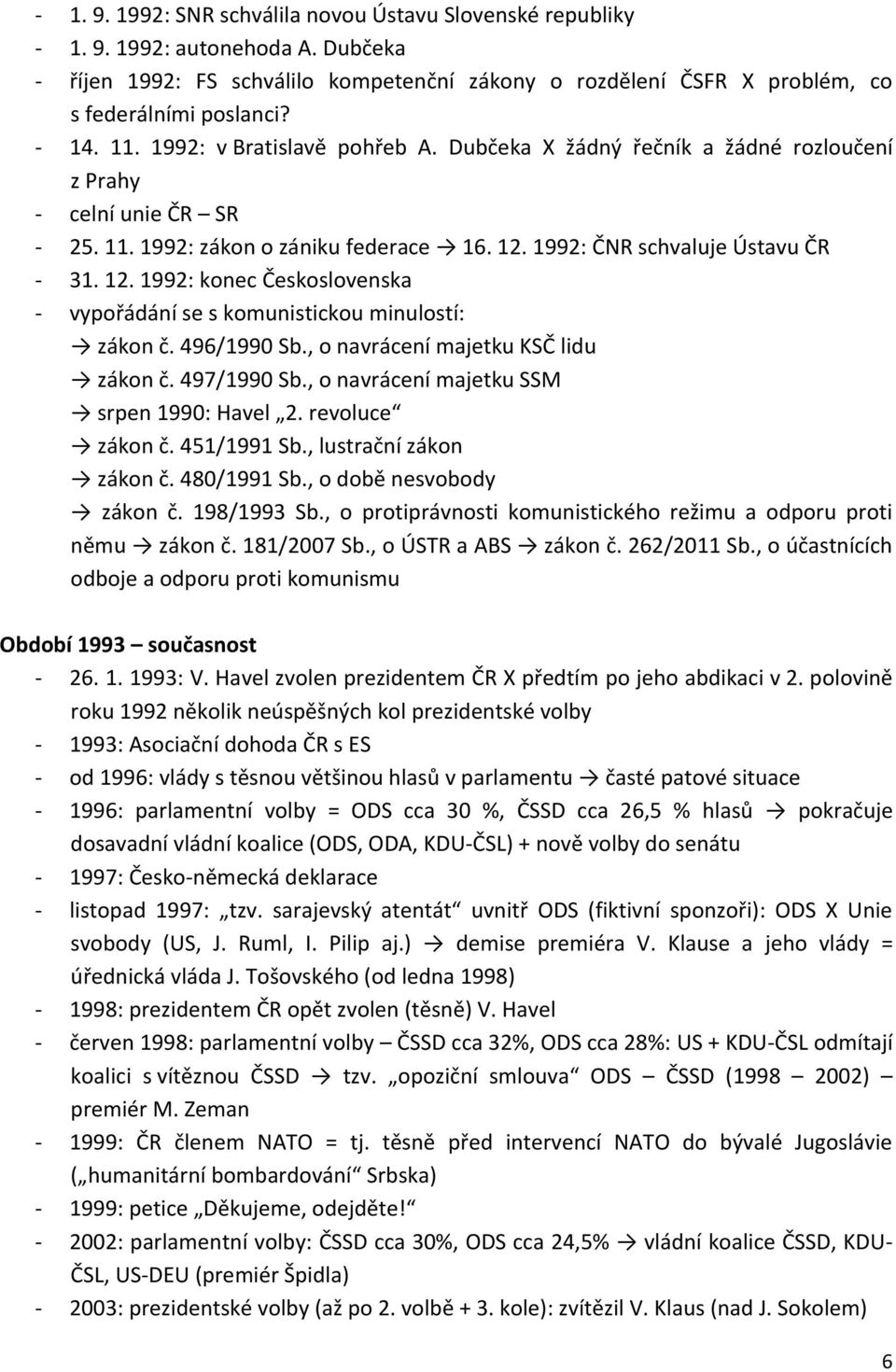 1992: ČNR schvaluje Ústavu ČR - 31. 12. 1992: konec Československa - vypořádání se s komunistickou minulostí: zákon č. 496/1990 Sb., o navrácení majetku KSČ lidu zákon č. 497/1990 Sb.