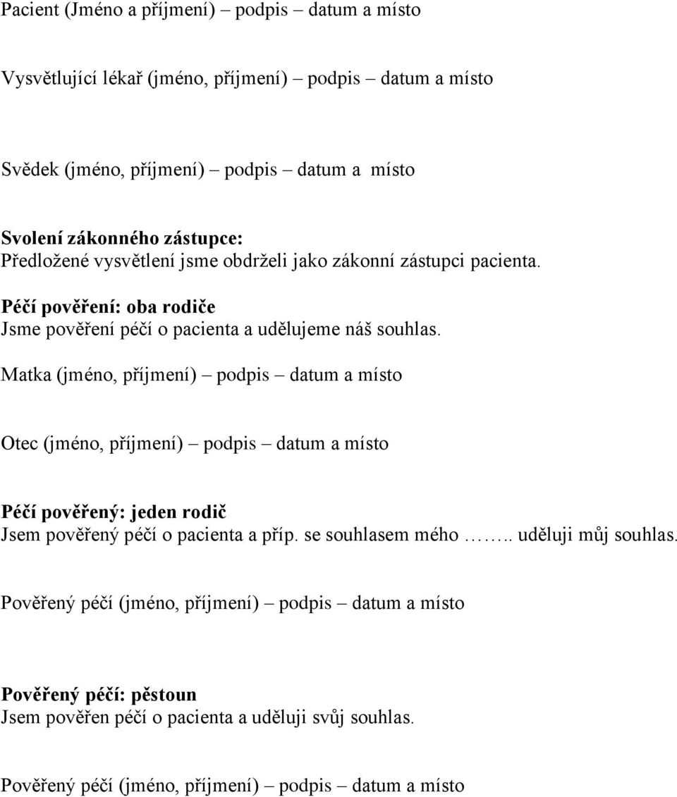 Matka (jméno, příjmení) podpis datum a místo Otec (jméno, příjmení) podpis datum a místo Péčí pověřený: jeden rodič Jsem pověřený péčí o pacienta a příp. se souhlasem mého.