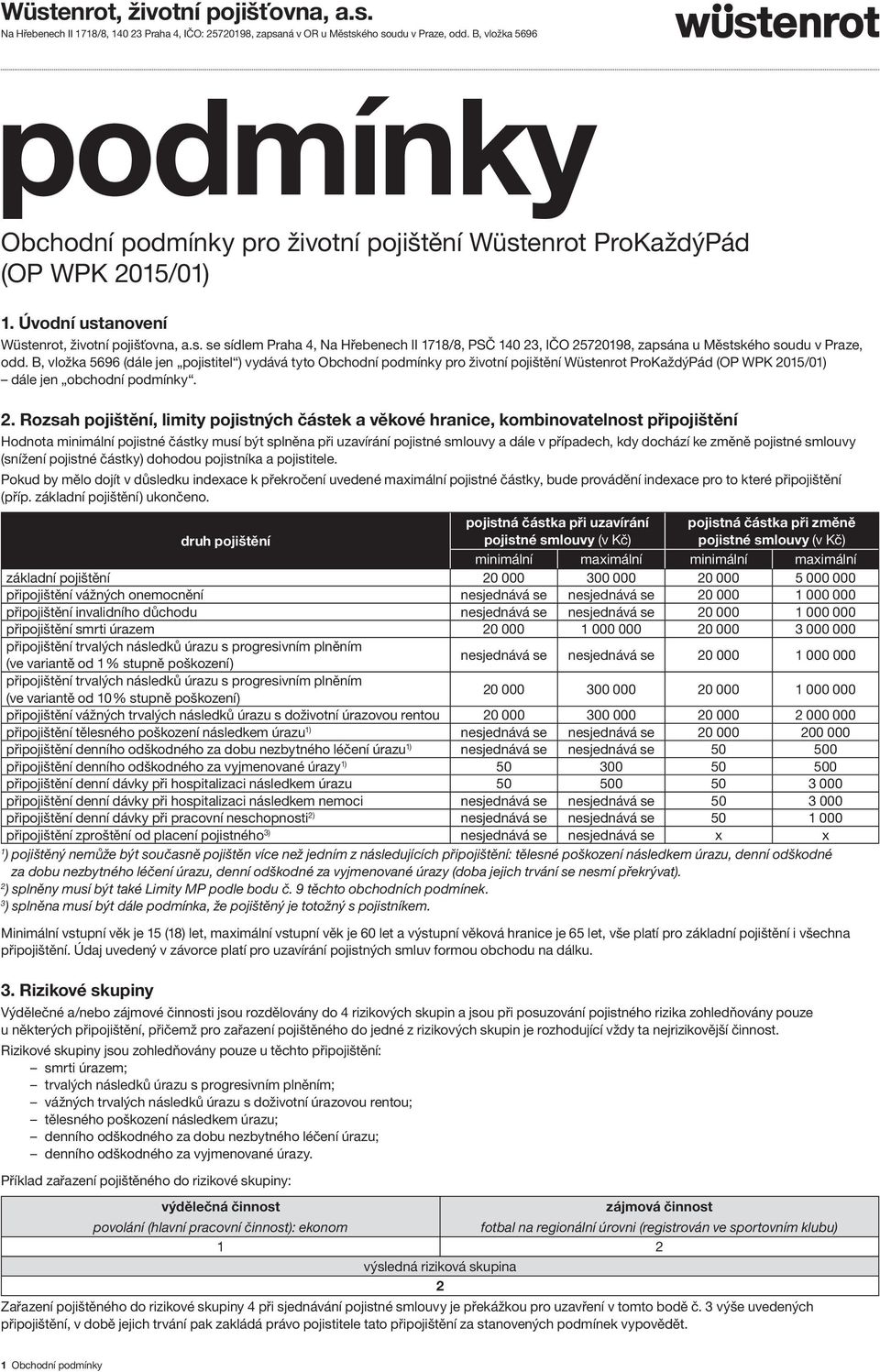 B, vložka 5696 (dále jen pojistitel ) vydává tyto Obchodní podmínky pro životní pojištění Wüstenrot ProKaždýPád (OP WPK 015/01) dále jen obchodní podmínky.