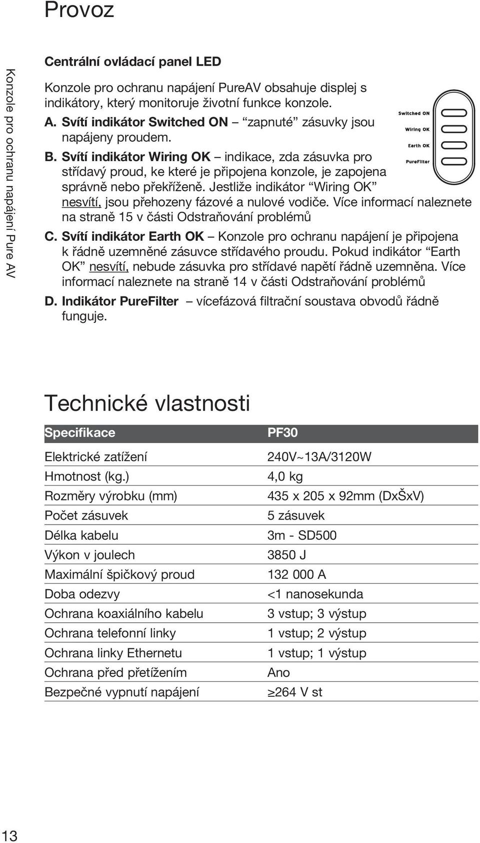 Svítí indikátor Wiring OK indikace, zda zásuvka pro střídavý proud, ke které je připojena konzole, je zapojena správně nebo překříženě.