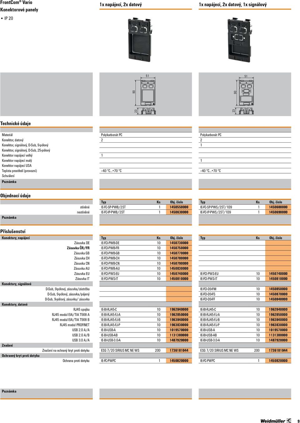 IE-FC-IP-PWS/2ST/1D9 1 1450690000 Konektory, napájecí Konektory, signálové Konektory, datové Značení Ochranný kryt proti dotyku Zásuvka DE Zásuvka ČR/FR Zásuvka GB Zásuvka CH Zásuvka CN Zásuvka AU