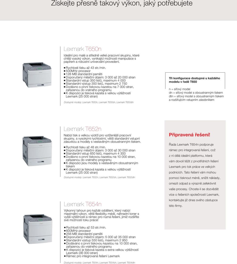 l 500MHz procesor l 128 MB standardní paměti l Doporučený měsíční objem: 3 000 až 20 000 stran l Standardní vstup 350 listů, maximum 4 000 l Standardní výstup 350 listů, maximum 2 750 l Dodávno s