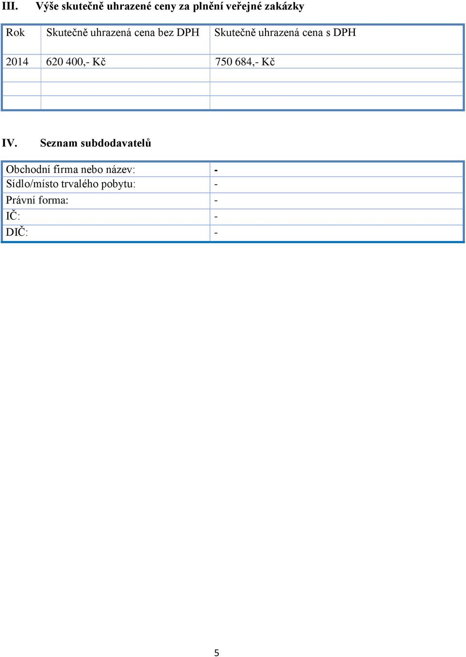 uhrazená cena s DPH 2014 620 400,- Kč 750 684,- Kč IV.