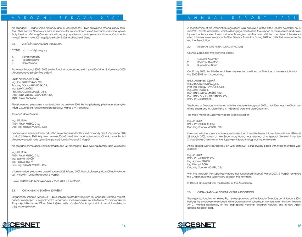 Během roku 2001 nepřijalo sdružení žádné přidružené členy. 2.2. VNITŘNÍ ORGANIZAČNÍ STRUKTURA CESNET, z.s.p.o. má tyto orgány: 1. Valná hromada 2. Představenstvo 3.