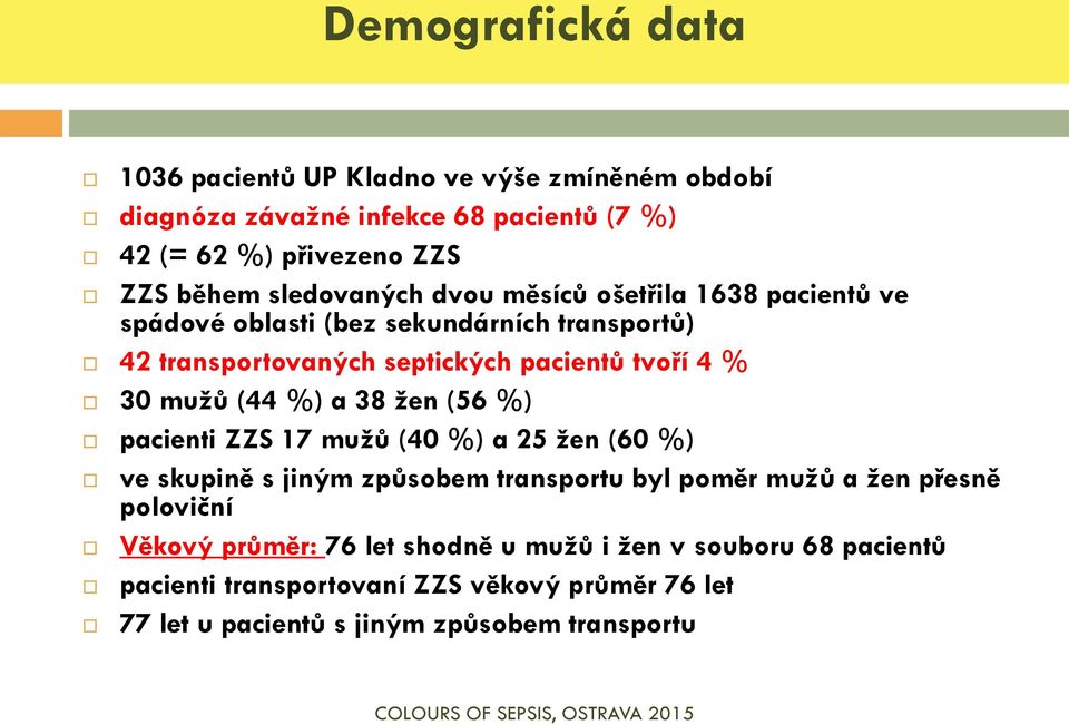 mužů (44 %) a 38 žen (56 %) pacienti ZZS 17 mužů (40 %) a 25 žen (60 %) ve skupině s jiným způsobem transportu byl poměr mužů a žen přesně poloviční