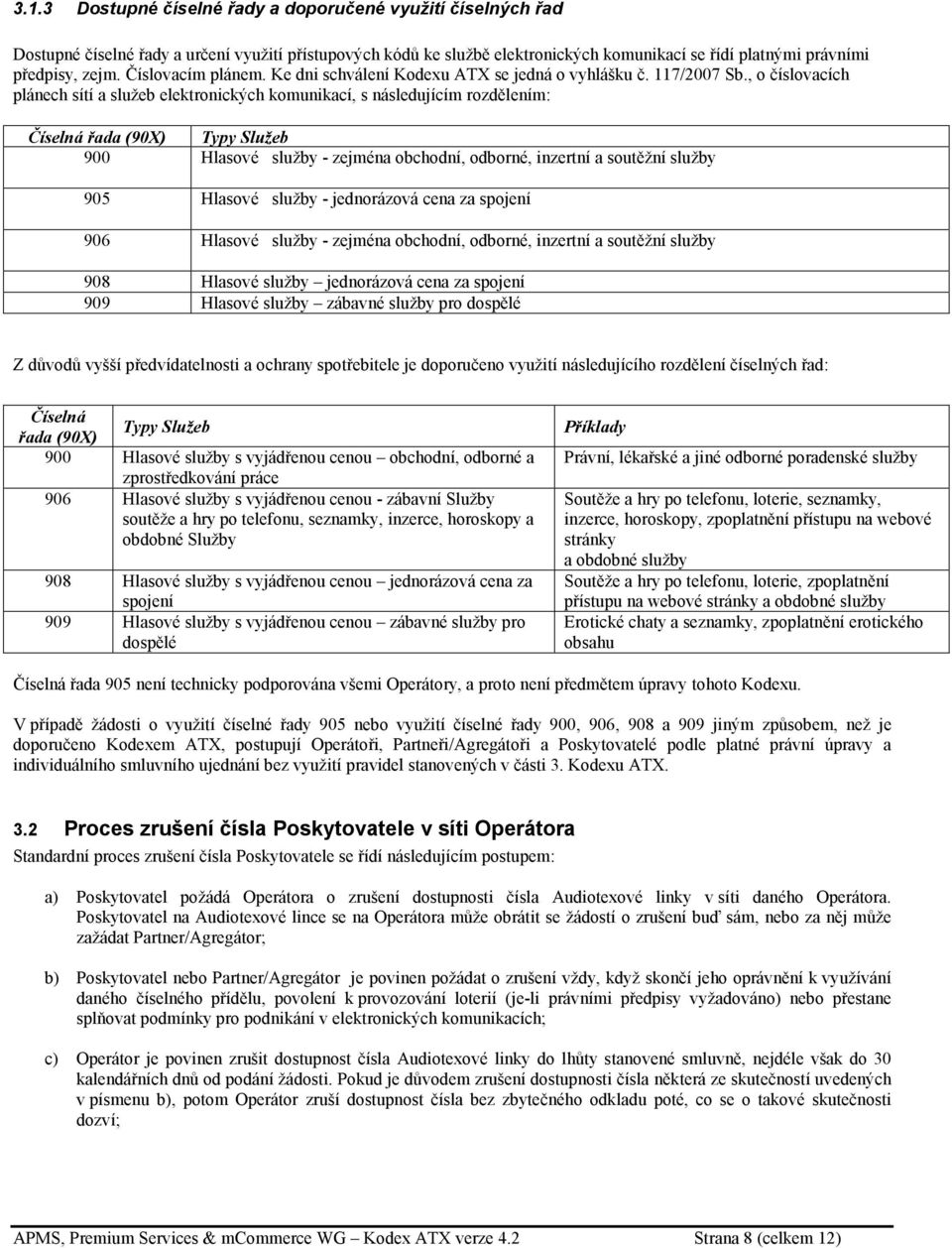 , o číslovacích plánech sítí a služeb elektronických komunikací, s následujícím rozdělením: Číselná řada (90X) Typy Služeb 900 Hlasové služby - zejména obchodní, odborné, inzertní a soutěžní služby