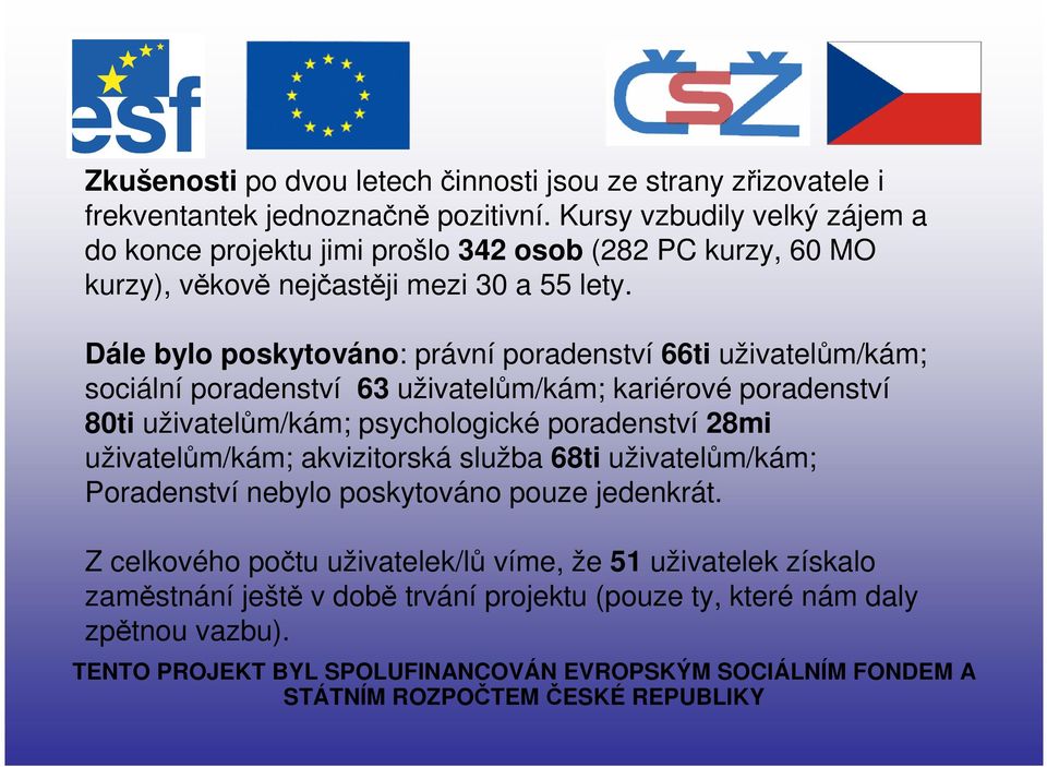 Dále bylo poskytováno: právní poradenství 66ti uživatelům/kám; sociální poradenství 63 uživatelům/kám; kariérové poradenství 80ti uživatelům/kám; psychologické