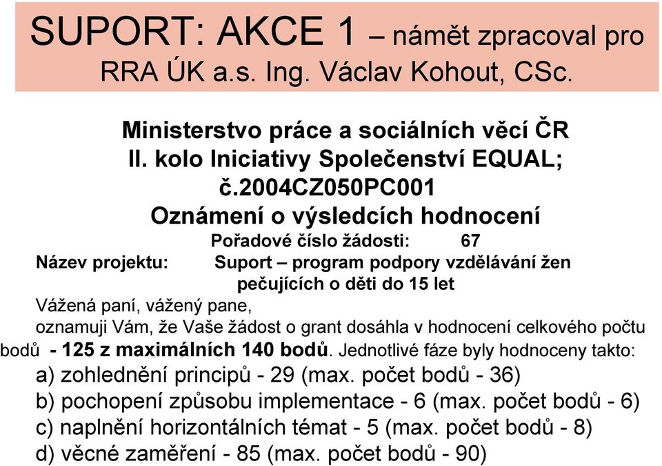 oznamuji Vám, že Vaše žádost o grant dosáhla v hodnocení celkového počtu bodů - 125 z maximálních 140 bodů.