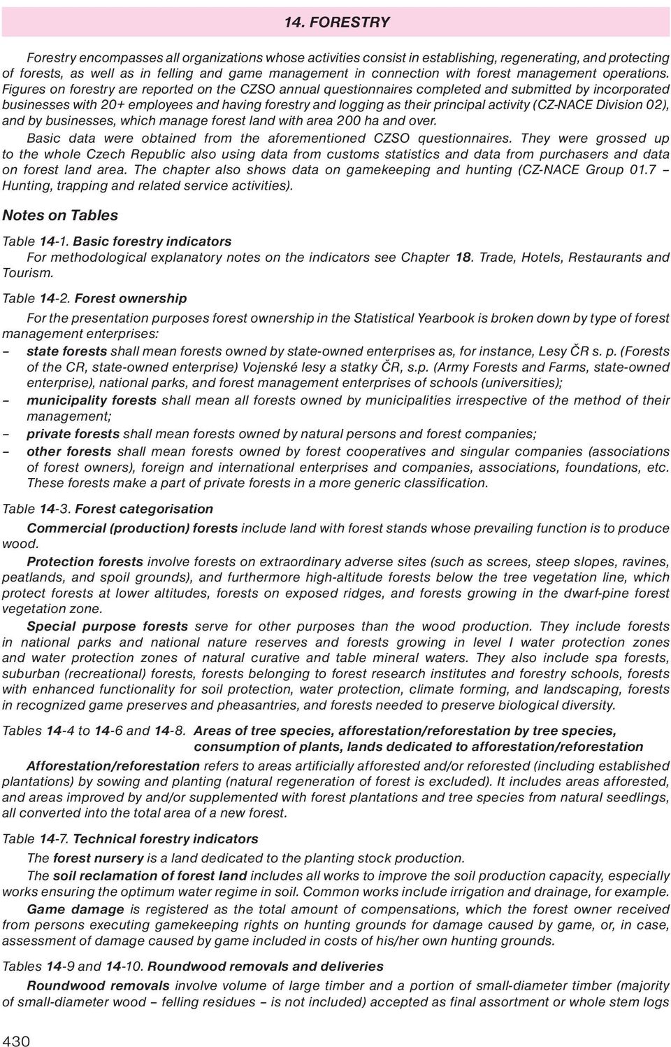 Figures on forestry are reported on the CZSO annual questionnaires completed and submitted by incorporated businesses with 20+ employees and having forestry and logging as their principal activity