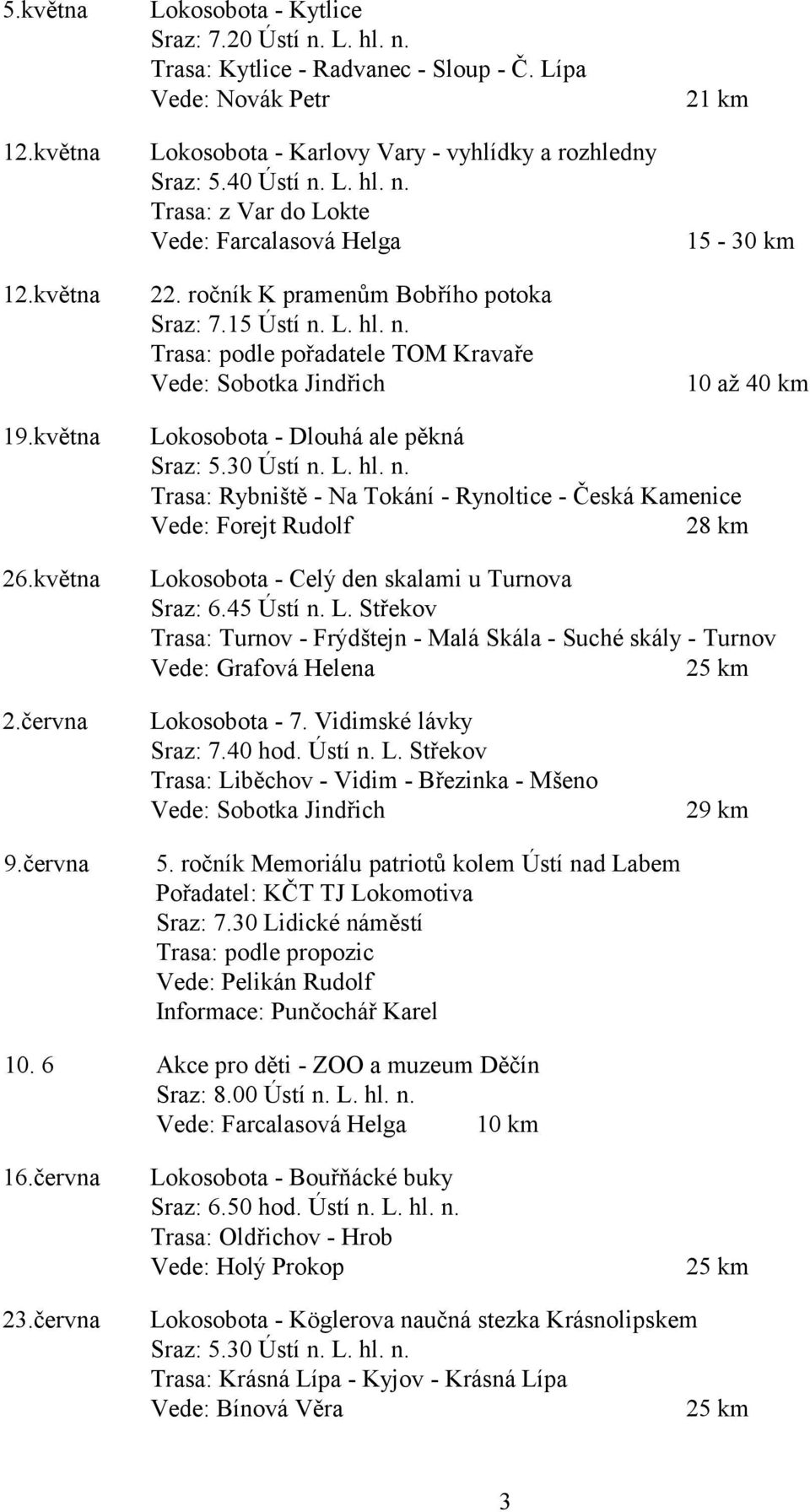 května Lokosobota - Dlouhá ale pěkná Sraz: 5.30 Ústí n. L. hl. n. Trasa: Rybniště - Na Tokání - Rynoltice - Česká Kamenice Vede: Forejt Rudolf 28 km Lokosobota - Celý den skalami u Turnova Sraz: 6.