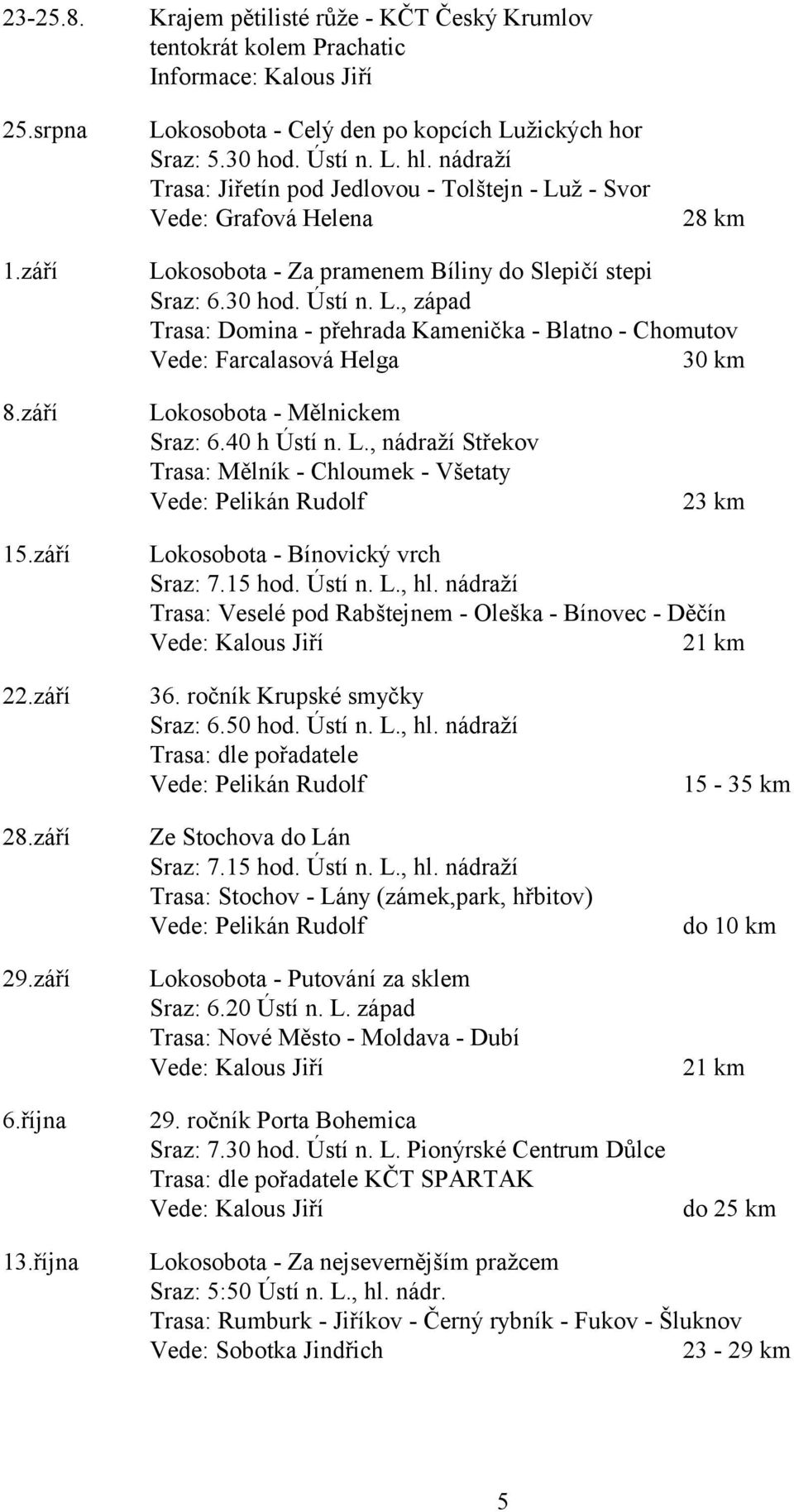 září Lokosobota - Mělnickem Sraz: 6.40 h Ústí n. L., nádraží Střekov Trasa: Mělník - Chloumek - Všetaty 23 km 15.září Lokosobota - Bínovický vrch Sraz: 7.15 hod. Ústí n. L., hl.