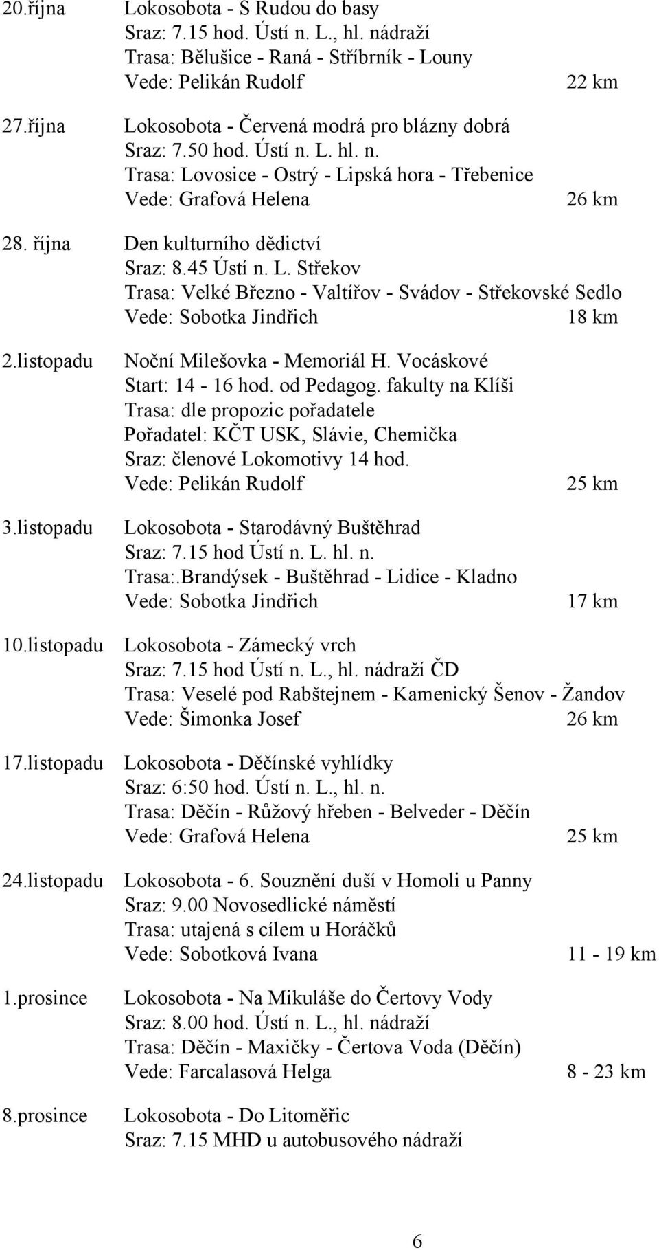 Vocáskové Start: 14-16 hod. od Pedagog. fakulty na Klíši Trasa: dle propozic pořadatele Pořadatel: KČT USK, Slávie, Chemička Sraz: členové Lokomotivy 14 hod. Lokosobota - Starodávný Buštěhrad Sraz: 7.