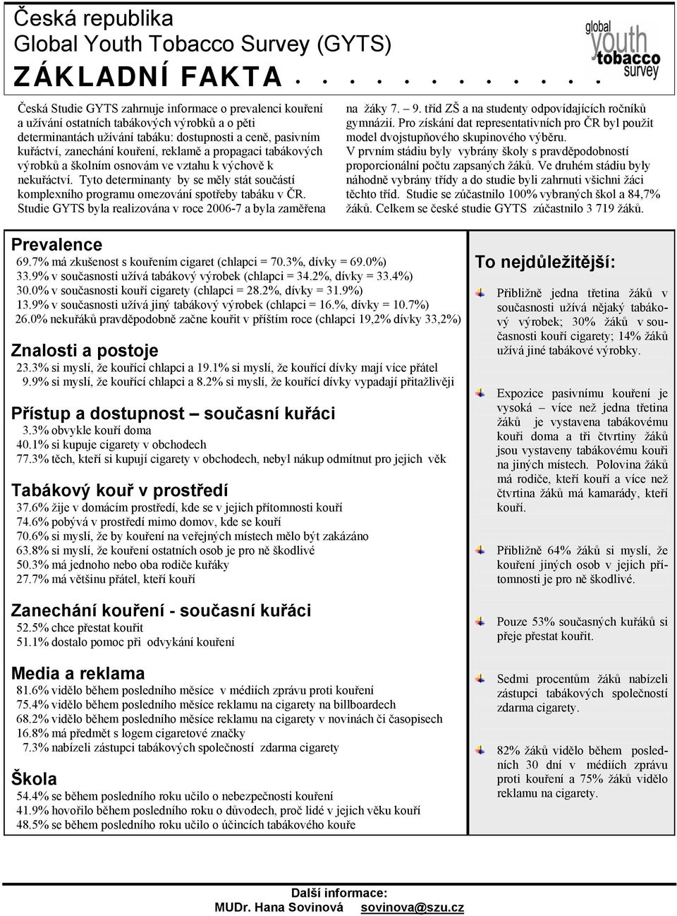 Tyto determinanty by se měly stát součástí komplexního programu omezování spotřeby tabáku v ČR. Studie GYTS byla realizována v roce 2006-7 a byla zaměřena na žáky 7. 9.