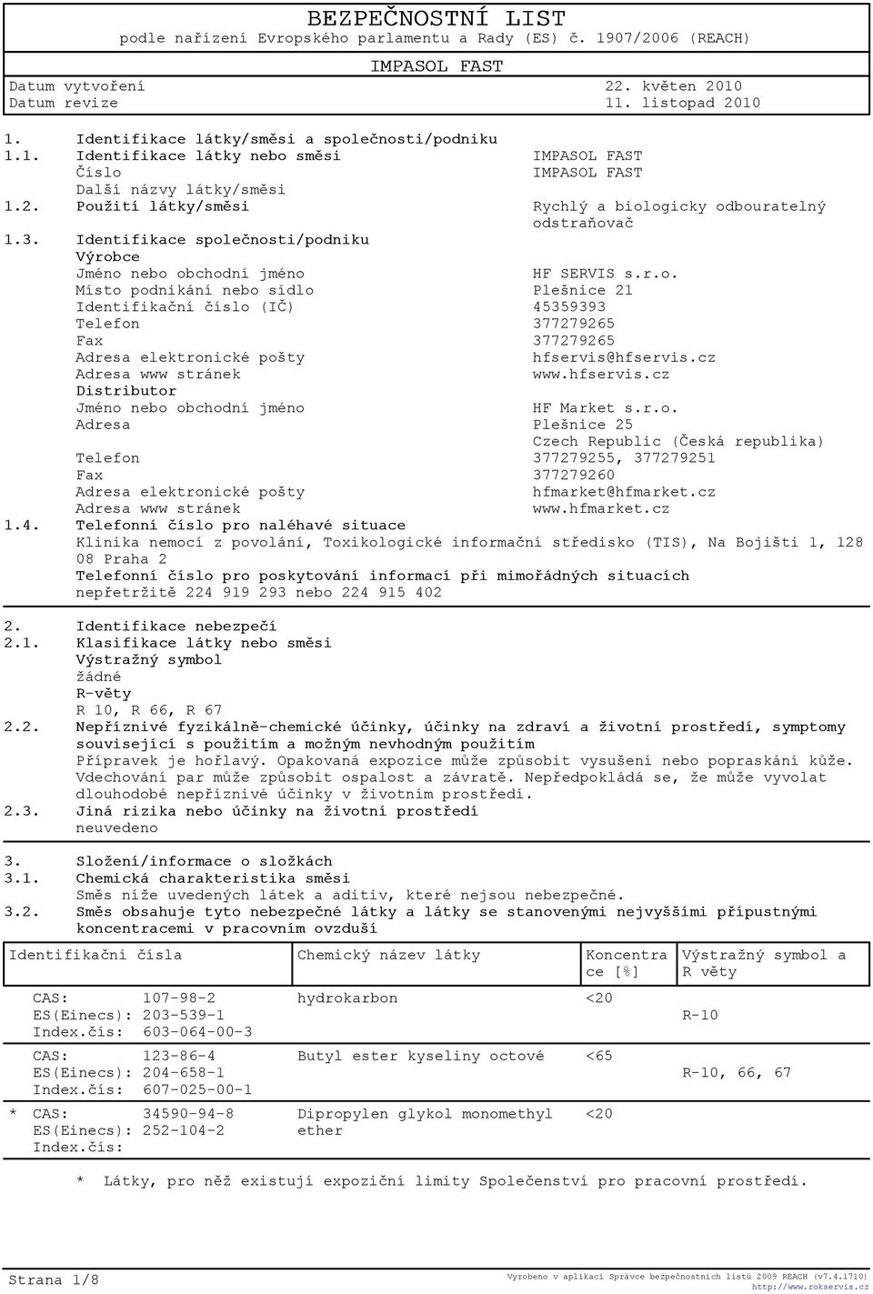 listopad 2010 Rychlý a biologicky odbouratelný odstraòovaè HF SERVIS s.r.o. Adresa elektronické pošty hfservis@hfservis.cz Adresa www stránek www.hfservis.cz Distributor Jméno nebo obchodní jméno HF Market s.