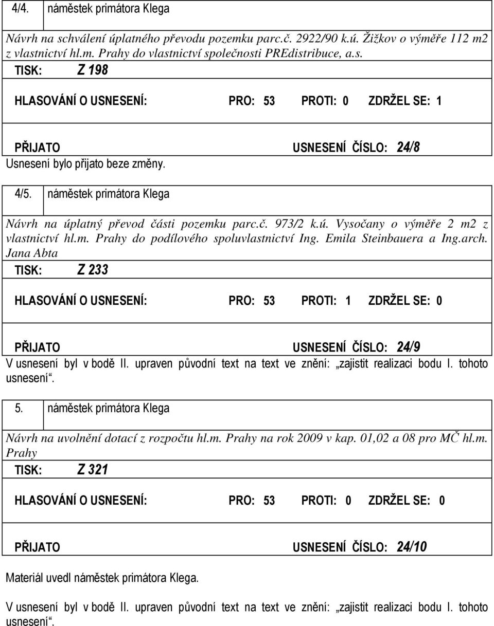 Jana Abta TISK: Z 233 HLASOVÁNÍ O USNESENÍ: PRO: 53 PROTI: 1 ZDRŽEL SE: 0 PŘIJATO USNESENÍ ČÍSLO: 24/9 V usnesení byl v bodě II. upraven původní text na text ve znění: zajistit realizaci bodu I.