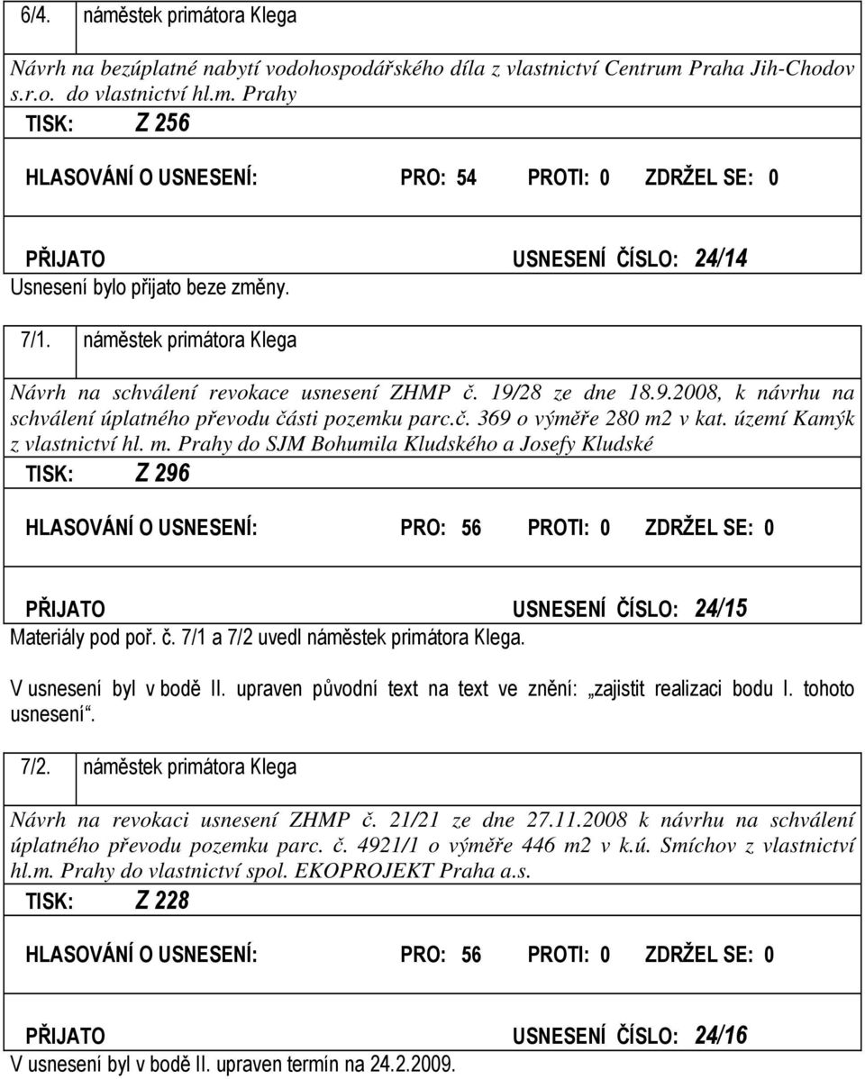 území Kamýk z vlastnictví hl. m. Prahy do SJM Bohumila Kludského a Josefy Kludské TISK: Z 296 HLASOVÁNÍ O USNESENÍ: PRO: 56 PROTI: 0 ZDRŽEL SE: 0 PŘIJATO USNESENÍ ČÍSLO: 24/15 Materiály pod poř. č.