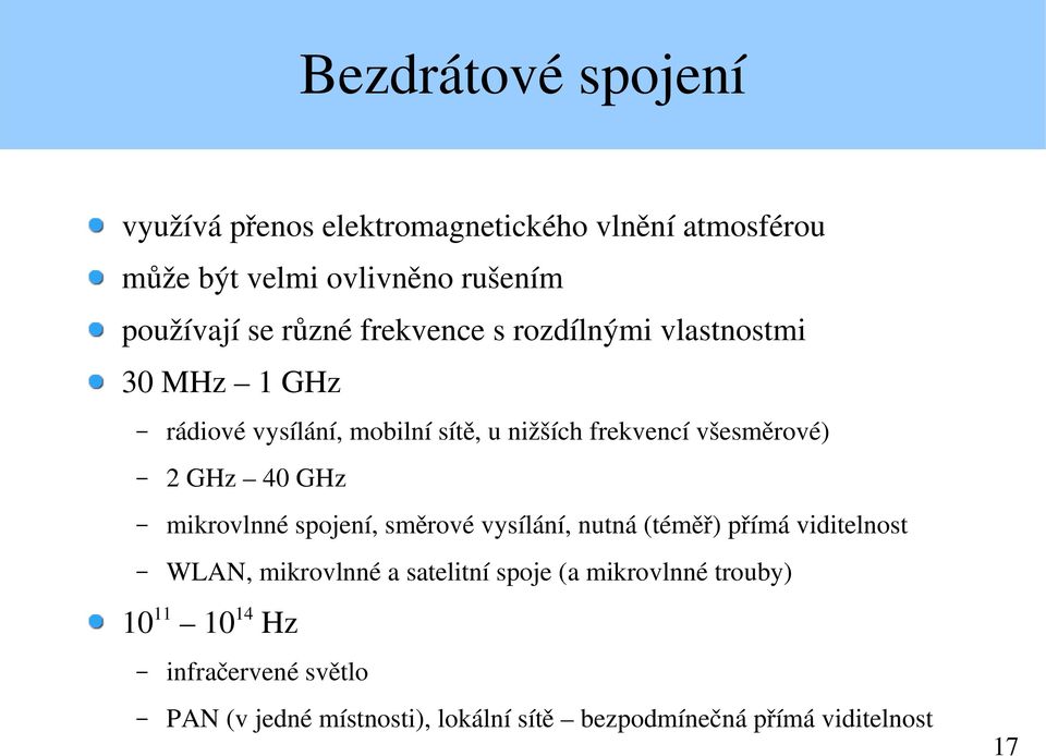 GHz 40 GHz mikrovlnné spojení, směrové vysílání, nutná (téměř) přímá viditelnost WLAN, mikrovlnné a satelitní spoje (a