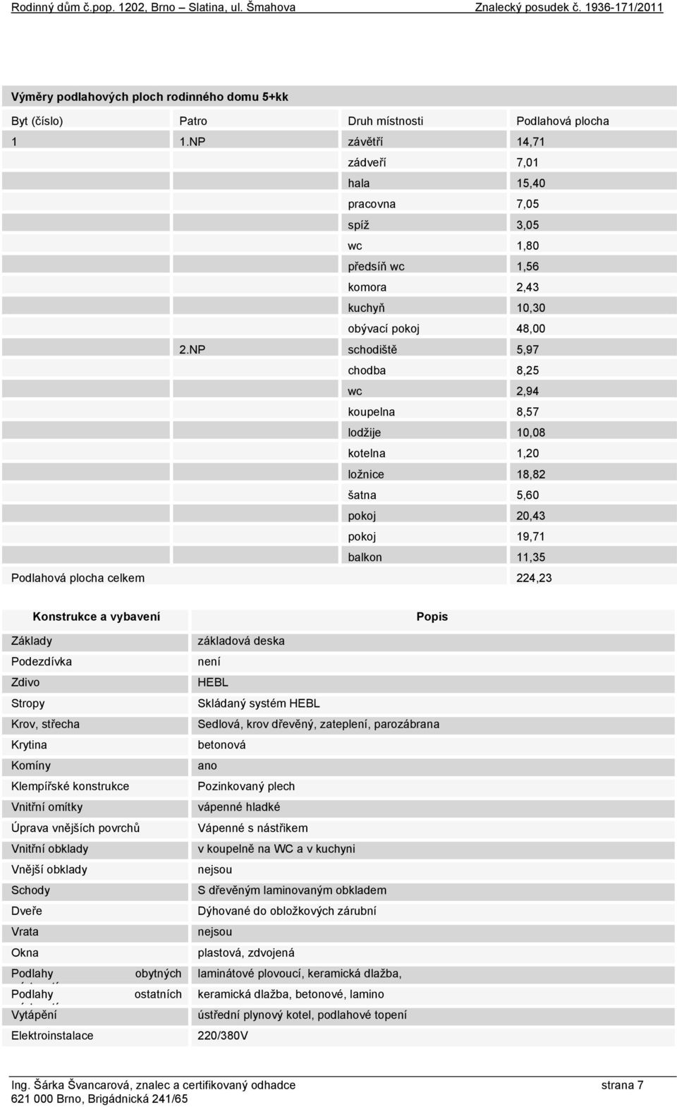 NP schodiště 5,97 chodba 8,25 wc 2,94 koupelna 8,57 lodžije 10,08 kotelna 1,20 ložnice 18,82 šatna 5,60 pokoj 20,43 pokoj 19,71 balkon 11,35 Podlahová plocha celkem 224,23 Konstrukce a vybavení Popis