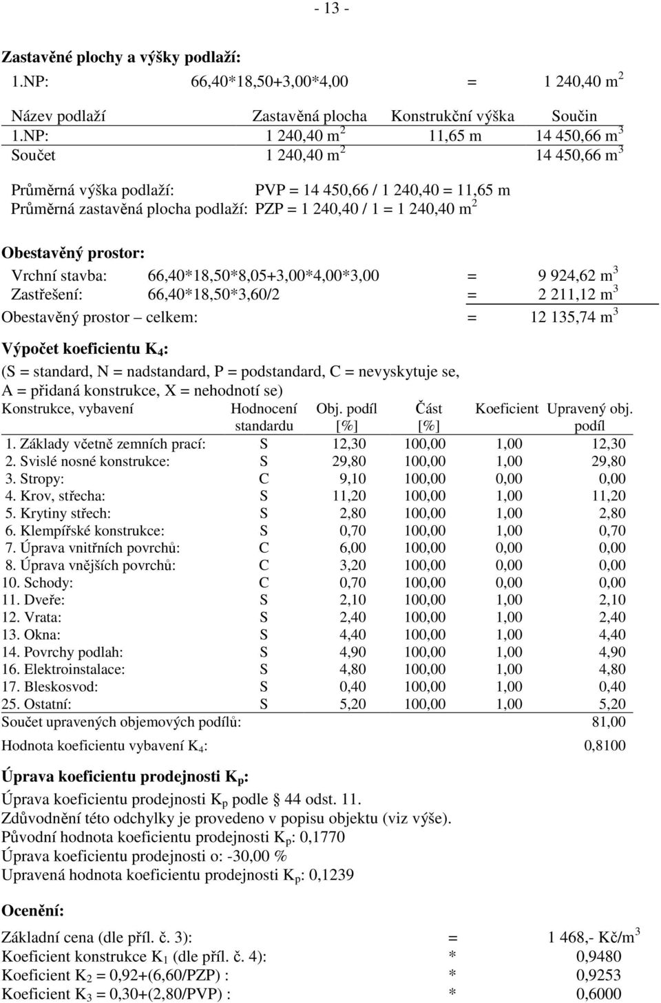 m 2 Obestavěný prostor: Vrchní stavba: 66,40*18,50*8,05+3,00*4,00*3,00 = 9 924,62 m 3 Zastřešení: 66,40*18,50*3,60/2 = 2 211,12 m 3 Obestavěný prostor celkem: = 12 135,74 m 3 Výpočet koeficientu K 4