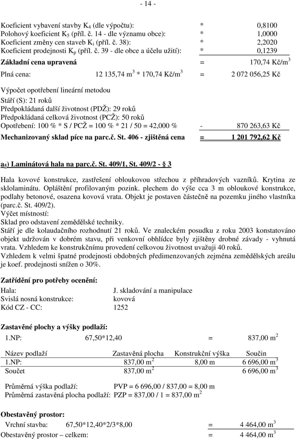 roků Opotřebení: 100 % * S / PCŽ = 100 % * 21 / 50 = 42,000 % - 870 263,63 Kč Mechanizovaný sklad píce na parc.č. St. 406 - zjištěná cena = 1 201 792,62 Kč a 5 ) Laminátová hala na parc.č. St. 409/1, St.