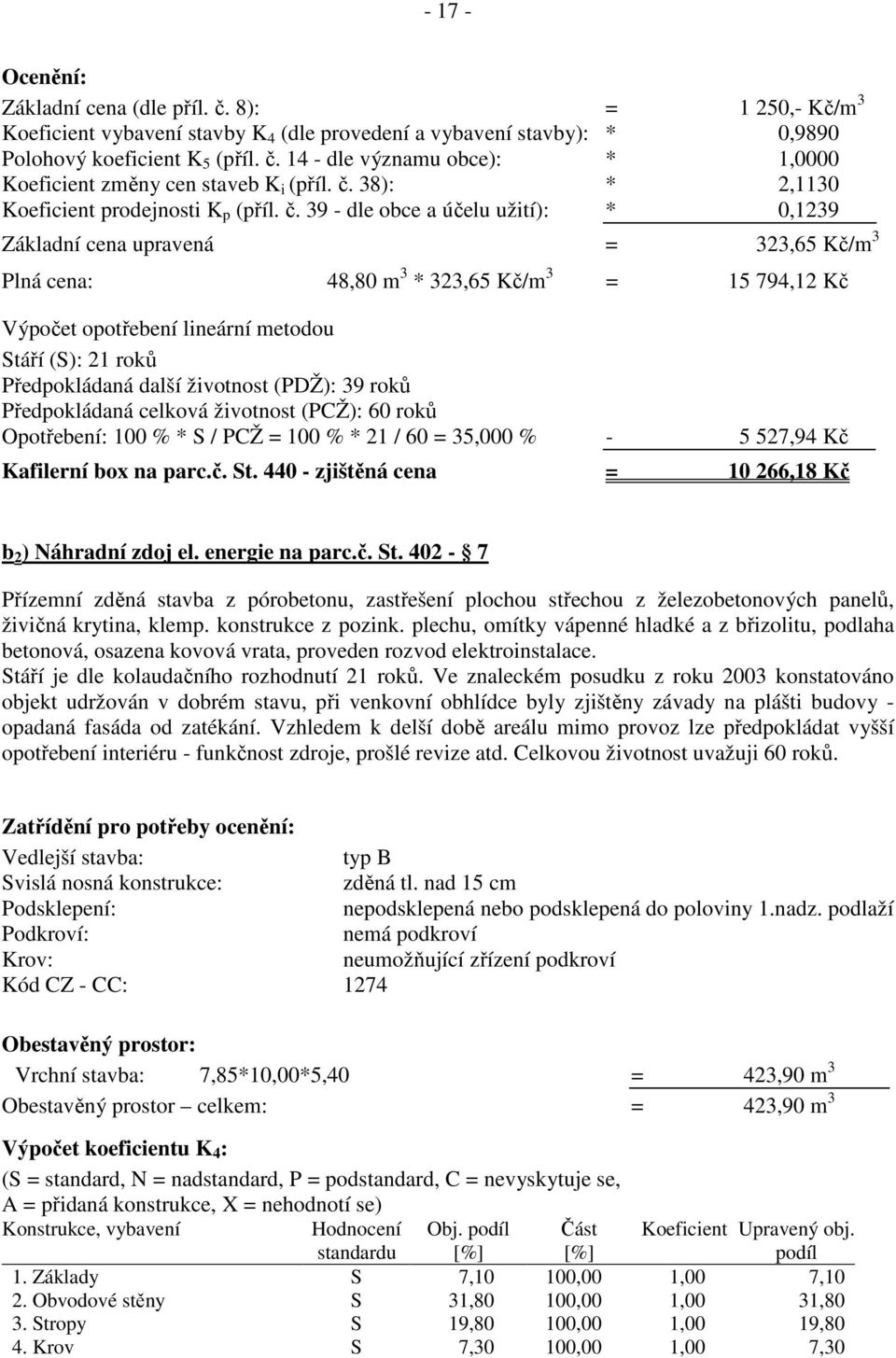 38): * 2,1130 Základní cena upravená = 323,65 Kč/m 3 Plná cena: 48,80 m 3 * 323,65 Kč/m 3 = 15 794,12 Kč Předpokládaná další životnost (PDŽ): 39 roků Předpokládaná celková životnost (PCŽ): 60 roků