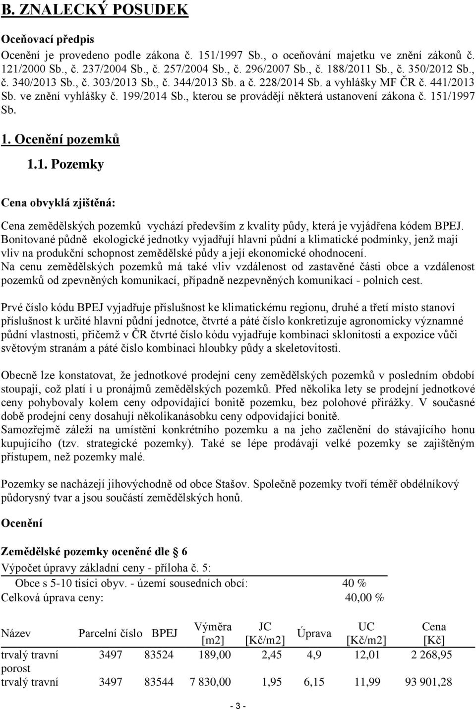 , kterou se provádějí některá ustanovení zákona č. 151/1997 Sb. 1. Ocenění pozemků 1.1. Pozemky Cena obvyklá zjištěná: Cena zemědělských pozemků vychází především z kvality půdy, která je vyjádřena kódem BPEJ.