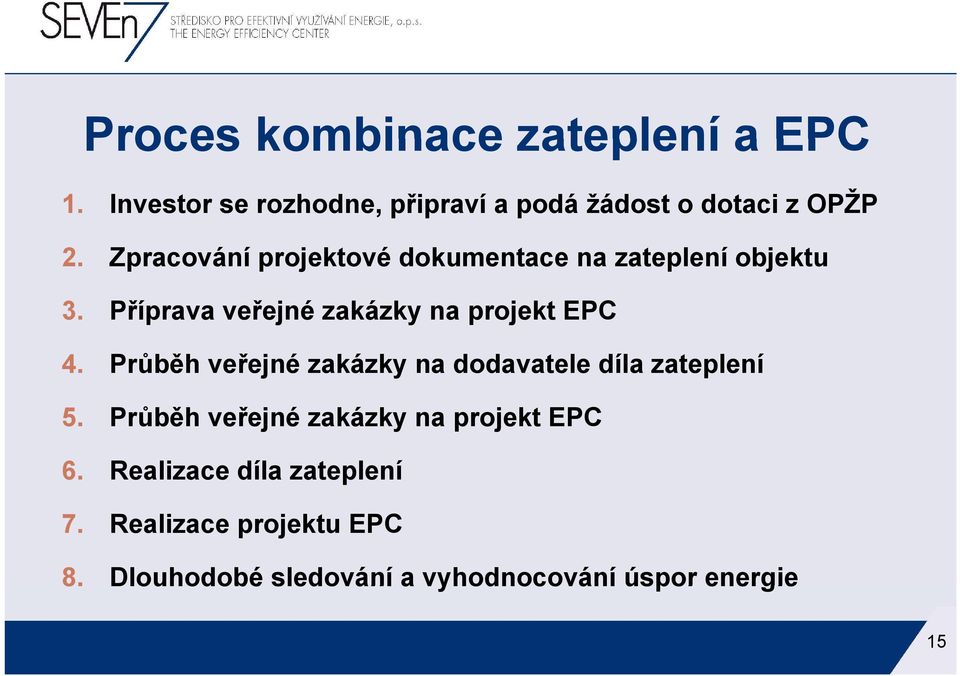 Průběh veřejné zakázky na dodavatele díla zateplení 5. Průběh ů veřejné zakázky na projekt EPC 6.