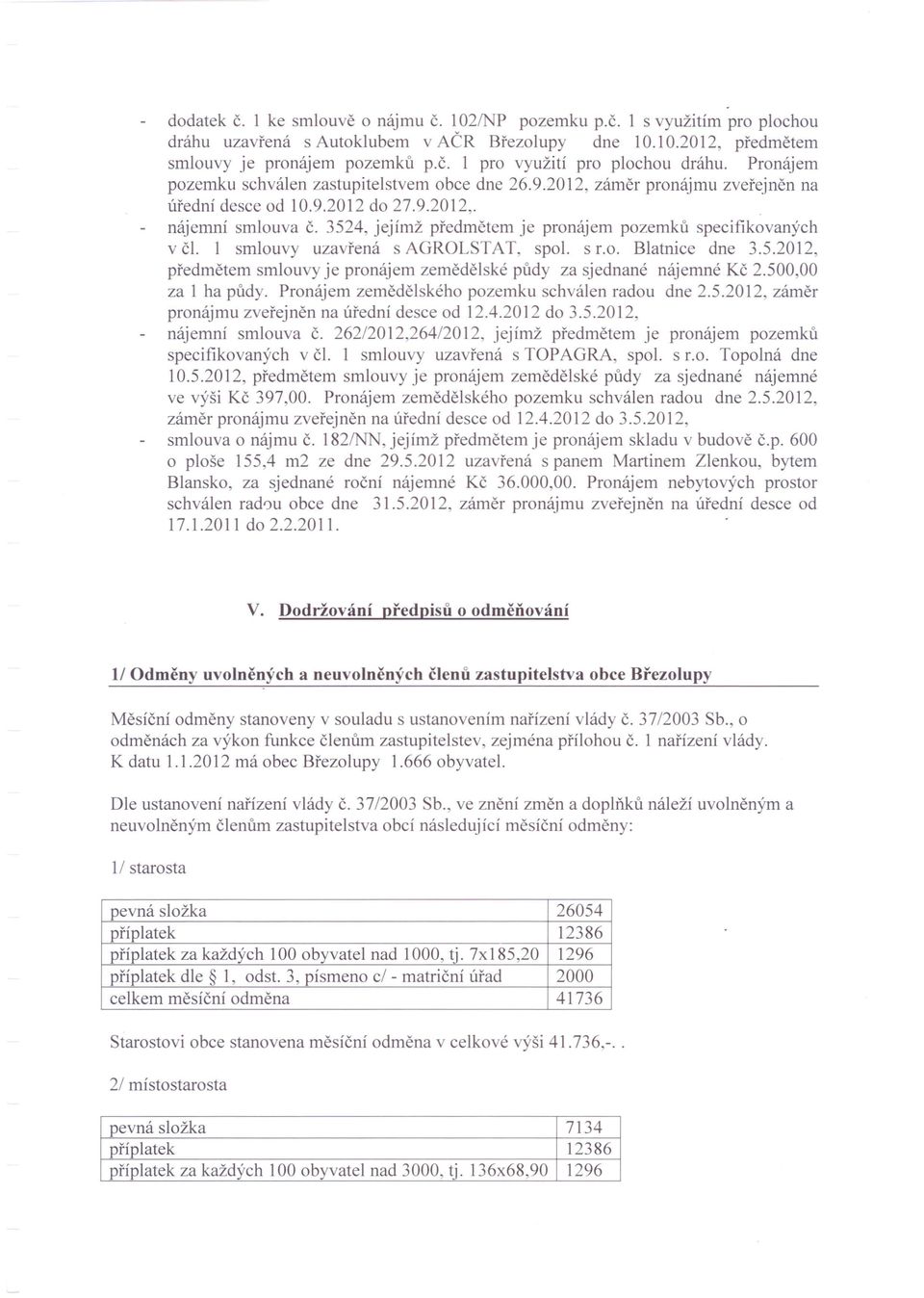 3524, jejímž předmětem je pronájem pozemků specifikovaných v či. 1 smlouvy uzavřená s AGROLSTAT, spol. s r.o. Blatnice dne 3.5.2012, předmětem smlouvy je pronájem zemědělské půdy za sjednané nájemné Kč 2.