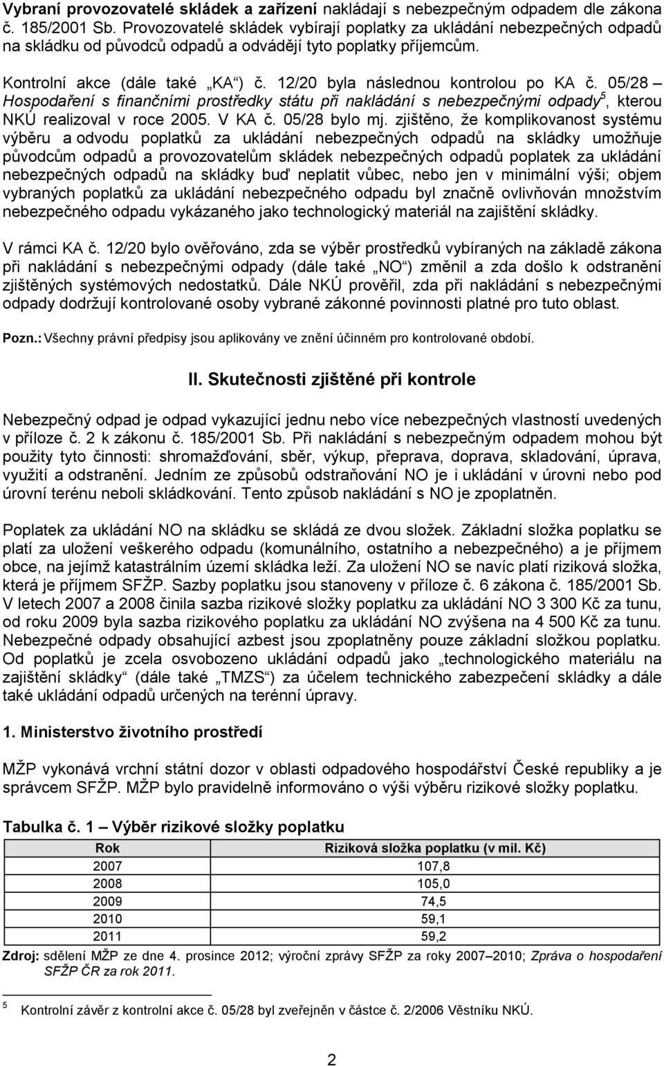 12/20 byla následnou kontrolou po KA č. 05/28 Hospodaření s finčními prostředky státu při kládání s nebezpečnými odpady 5, kterou NKÚ realizoval v roce 2005. V KA č. 05/28 bylo mj.