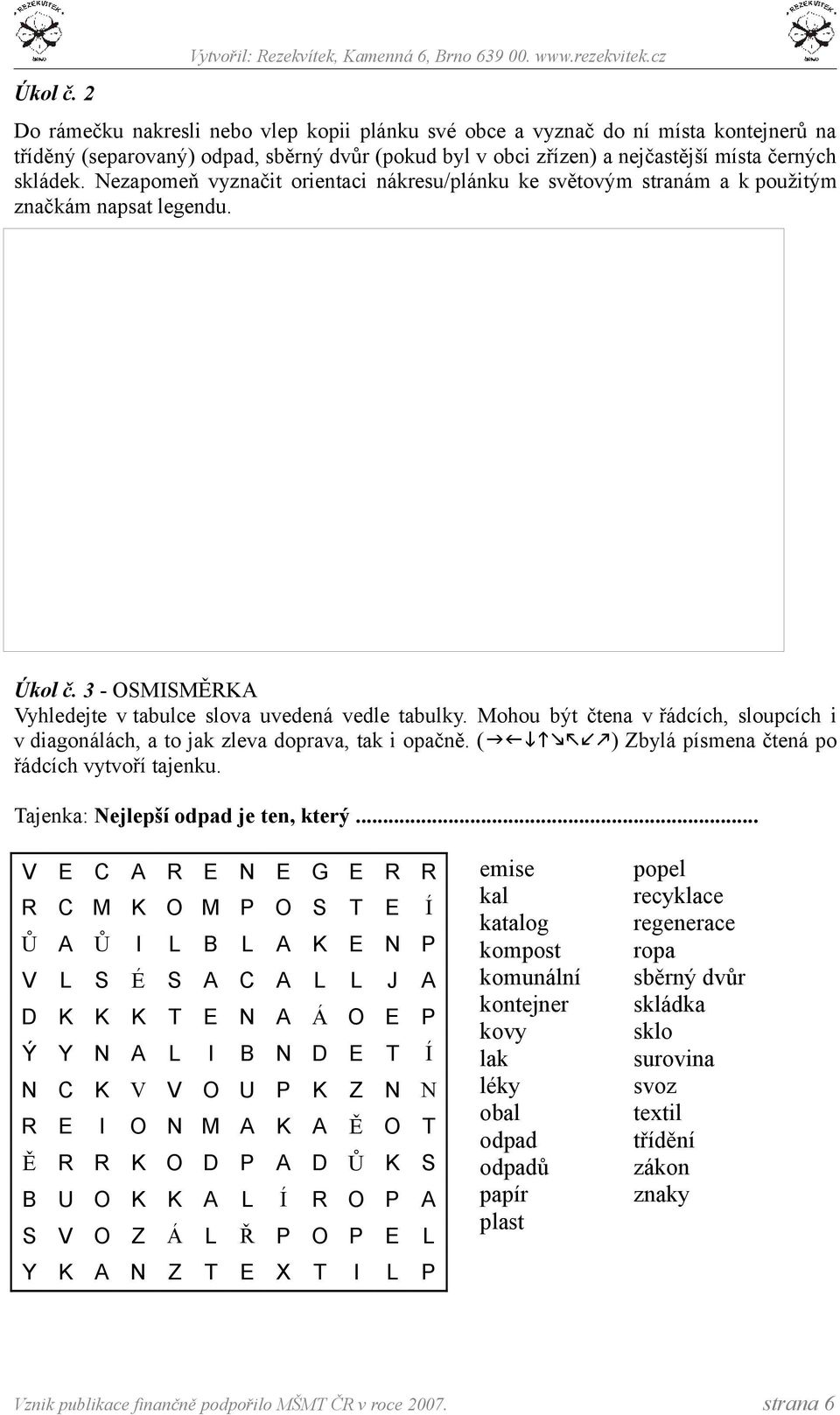 Nezapomeň vyzačit orietaci ákresu/pláku ke světovým straám a k použitým začkám apsat legedu. Úkol č. 3 - OSMISMĚRKA Vyhledejte v tabulce slova uvedeá vedle tabulky.