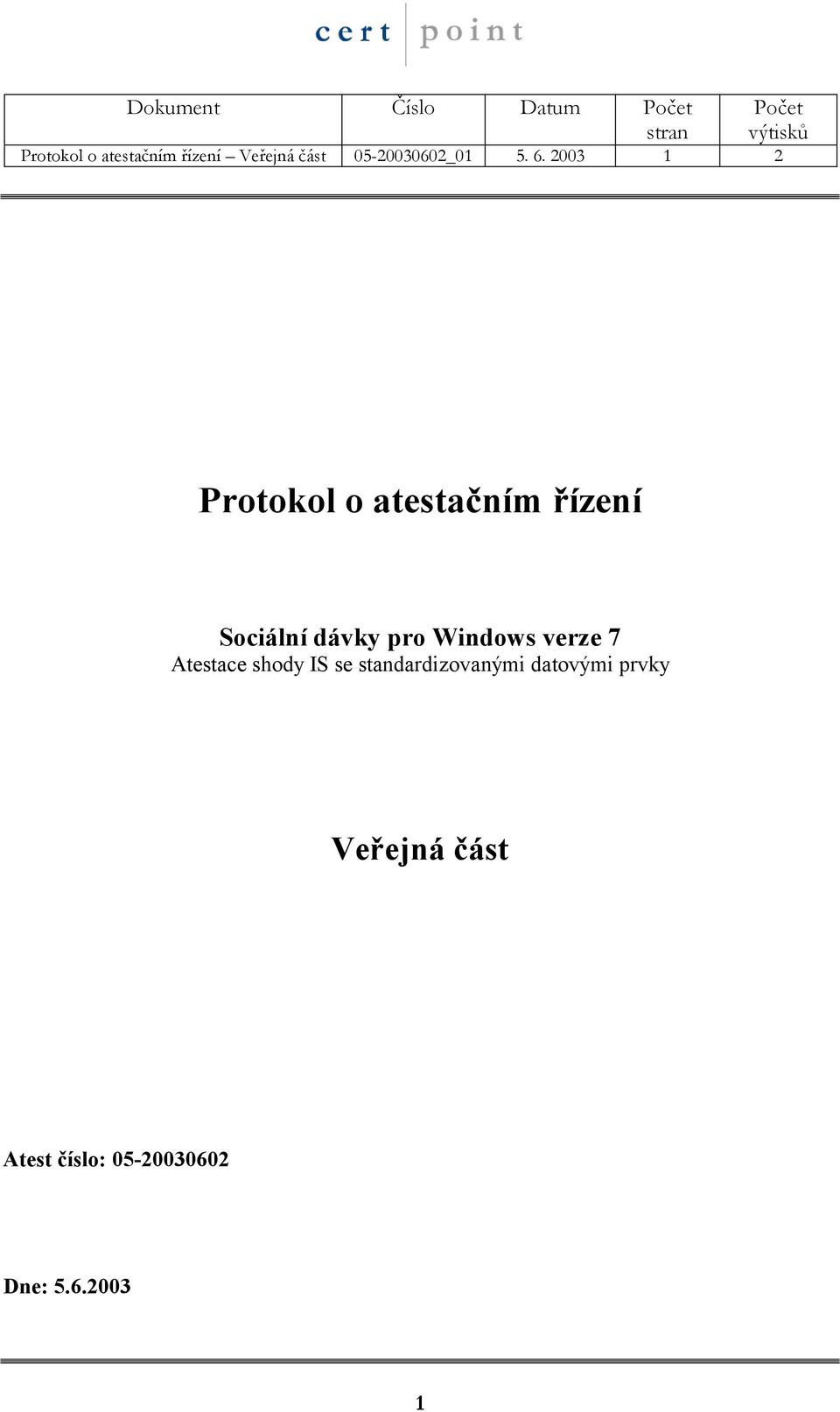 2003 1 2 Protokol o atestačním řízení Sociální dávky pro Windows