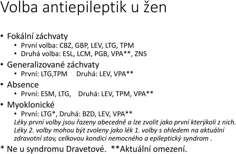 VPA** Léky první volby jsou řazeny abecedně a lze zvolit jako první kterýkoli z nich. Léky 2. volby mohou být zvoleny jako lék 1.