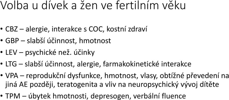 účinky LTG slabší účinnost, alergie, farmakokinetické interakce VPA reprodukční dysfunkce,