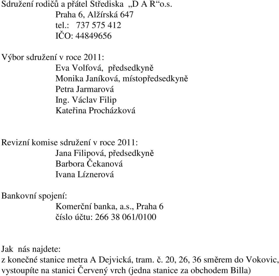 Václav Filip Kateřina Procházková Revizní komise sdružení v roce 2011: Jana Filipová, předsedkyně Barbora Čekanová Ivana Líznerová Bankovní