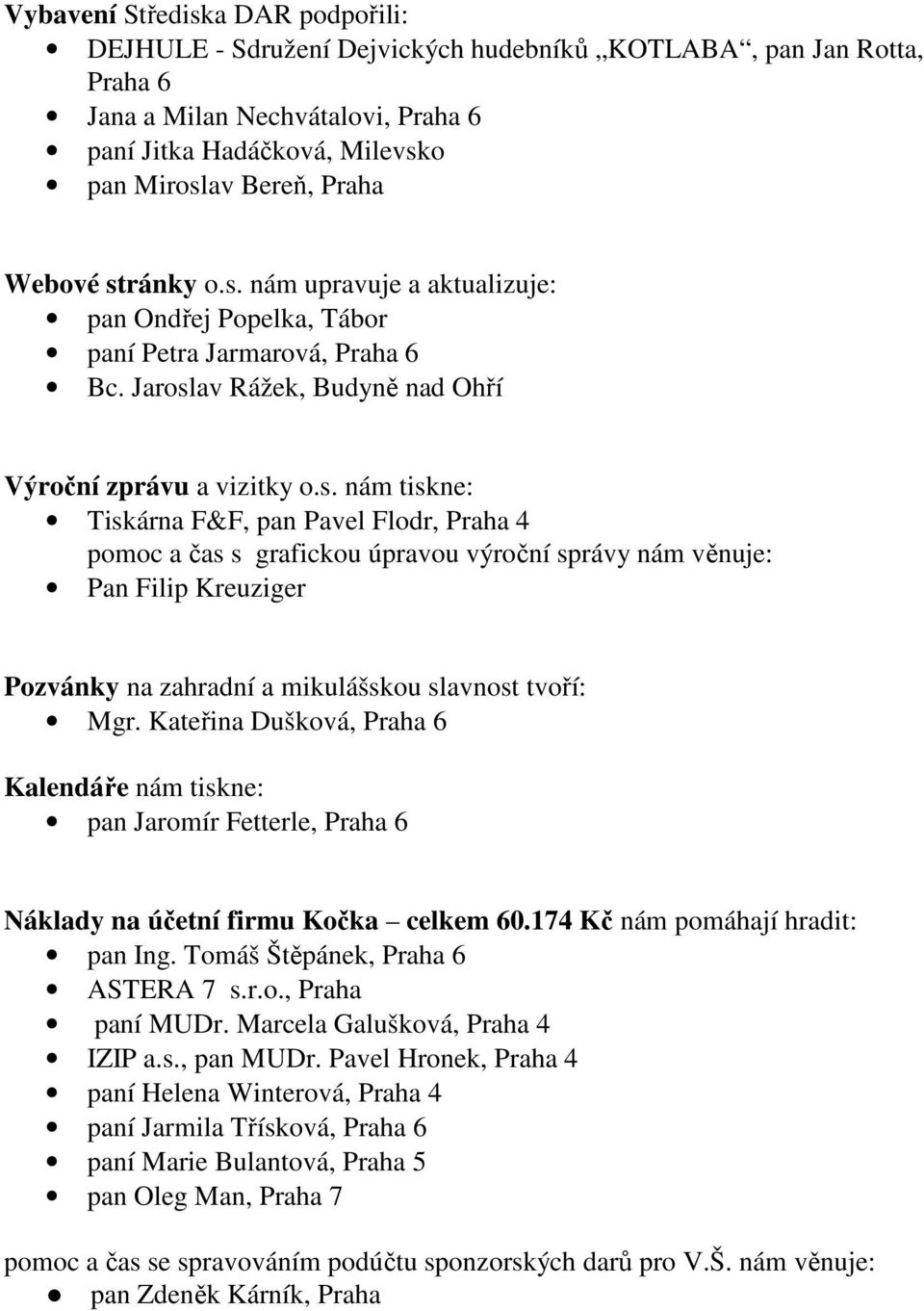 Kateřina Dušková, Praha 6 Kalendáře nám tiskne: pan Jaromír Fetterle, Praha 6 Náklady na účetní firmu Kočka celkem 60.174 Kč nám pomáhají hradit: pan Ing. Tomáš Štěpánek, Praha 6 ASTERA 7 s.r.o., Praha paní MUDr.