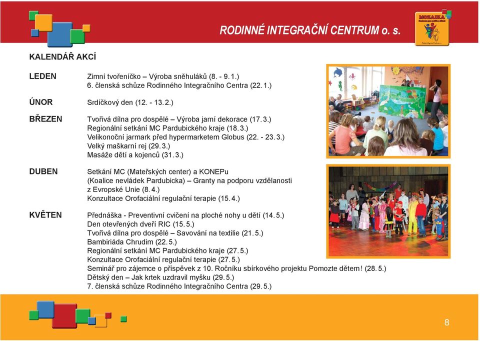 3.) Masáže dětí a kojenců (31. 3.) DUBEN Setkání MC (Mateřských center) a KONEPu (Koalice nevládek Pardubicka) Granty na podporu vzdělanosti z Evropské Unie (8. 4.