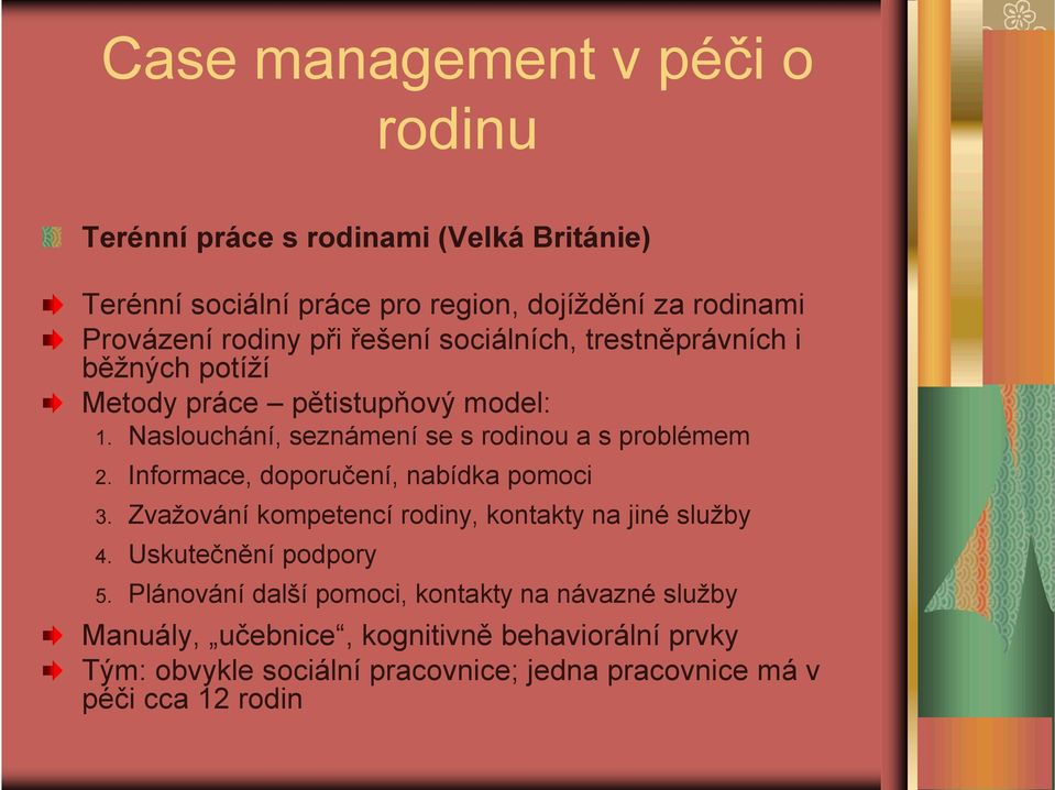 Naslouchání, seznámení se s rodinou a s problémem 2. Informace, doporučení, nabídka pomoci 3.