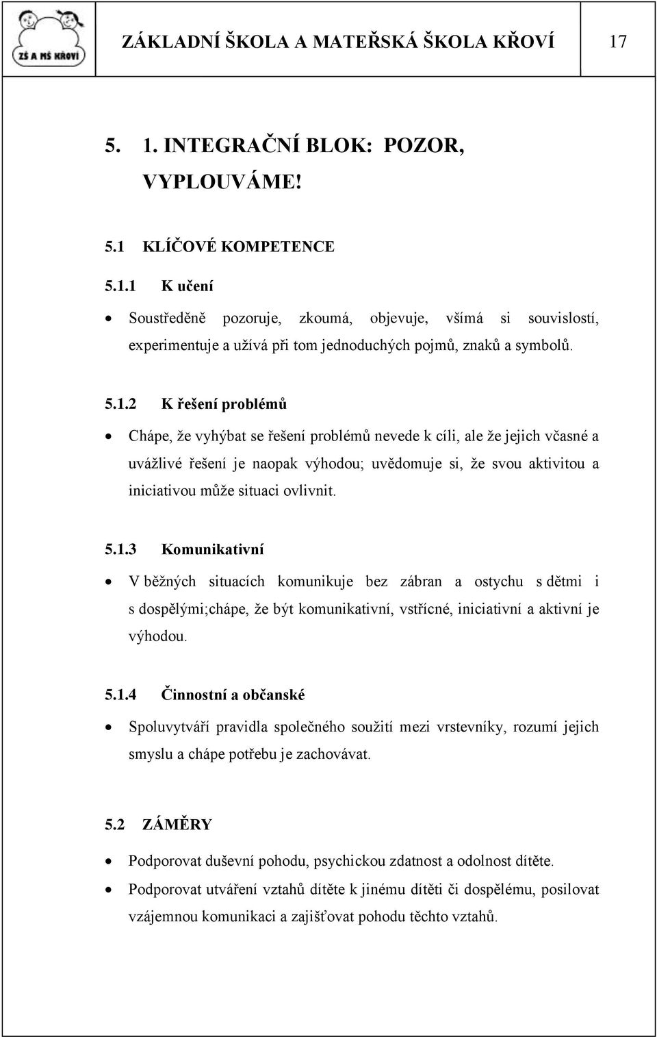 ovlivnit. 5.1.3 Komunikativní V běţných situacích komunikuje bez zábran a ostychu s dětmi i s dospělými;chápe, ţe být komunikativní, vstřícné, iniciativní a aktivní je výhodou. 5.1.4 Činnostní a občanské Spoluvytváří pravidla společného souţití mezi vrstevníky, rozumí jejich smyslu a chápe potřebu je zachovávat.