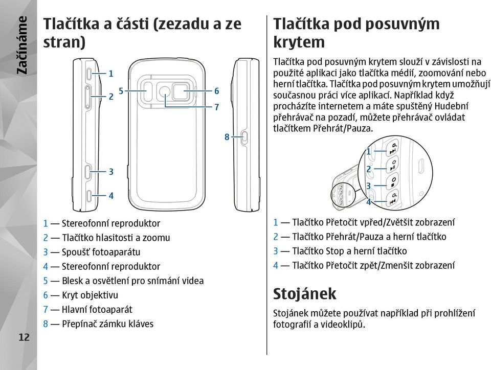 12 1 Stereofonní reproduktor 2 Tlačítko hlasitosti a zoomu 3 Spoušť fotoaparátu 4 Stereofonní reproduktor 5 Blesk a osvětlení pro snímání videa 6 Kryt objektivu 7 Hlavní fotoaparát 8 Přepínač zámku