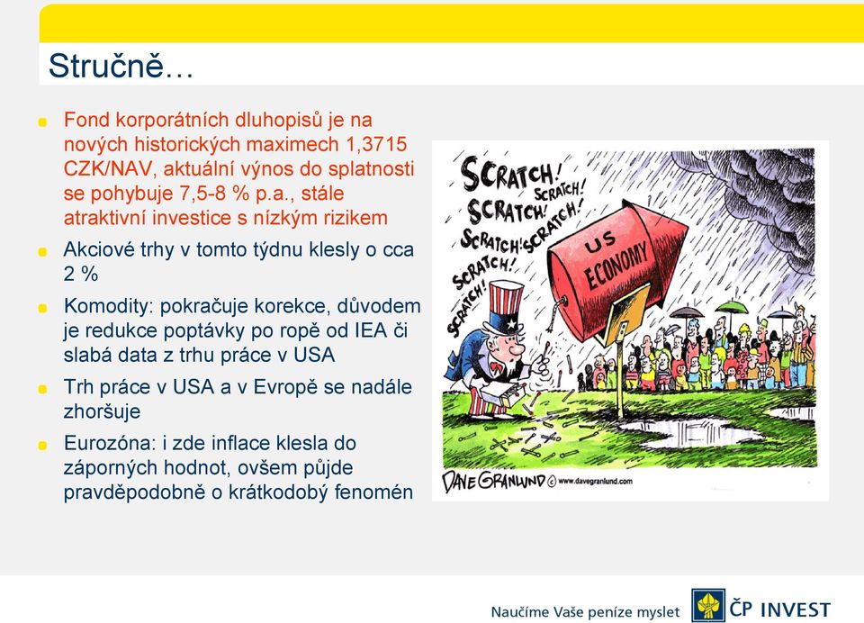 , stále atraktivní investice s nízkým rizikem Akciové trhy v tomto týdnu klesly o cca 2 % Komodity: pokračuje korekce,