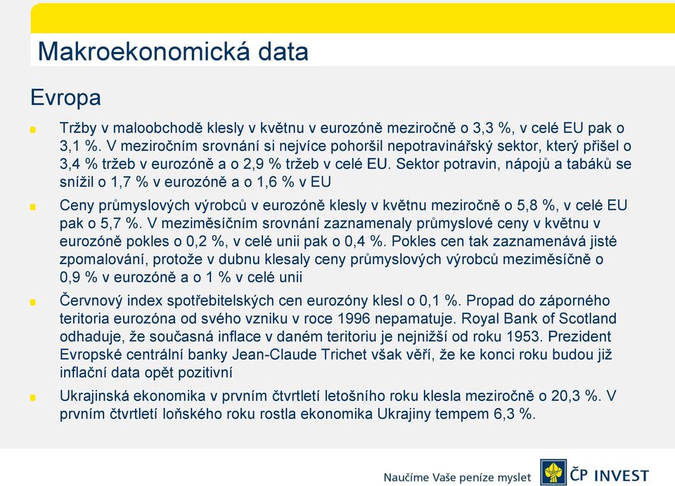 Sektor potravin, nápojů a tabáků se snížil o 1,7 % v eurozóně a o 1,6 % v EU Ceny průmyslových výrobců v eurozóně klesly v květnu meziročně o 5,8 %, v celé EU pak o 5,7 %.