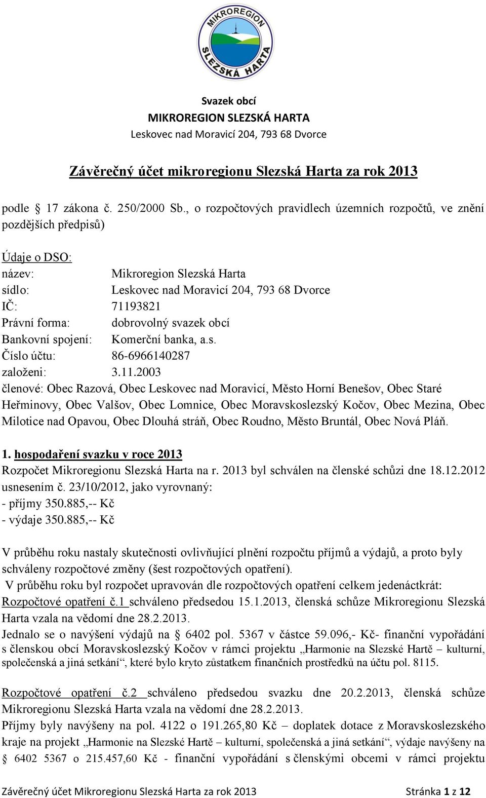 Komerční banka, a.s. Číslo účtu: 86-6966140287 založeni: 3.11.