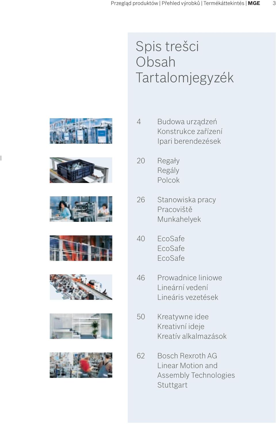 Munkahelyek 40 EcoSafe EcoSafe EcoSafe 46 Prowadnice liniowe Lineární vedení Lineáris vezetések 50