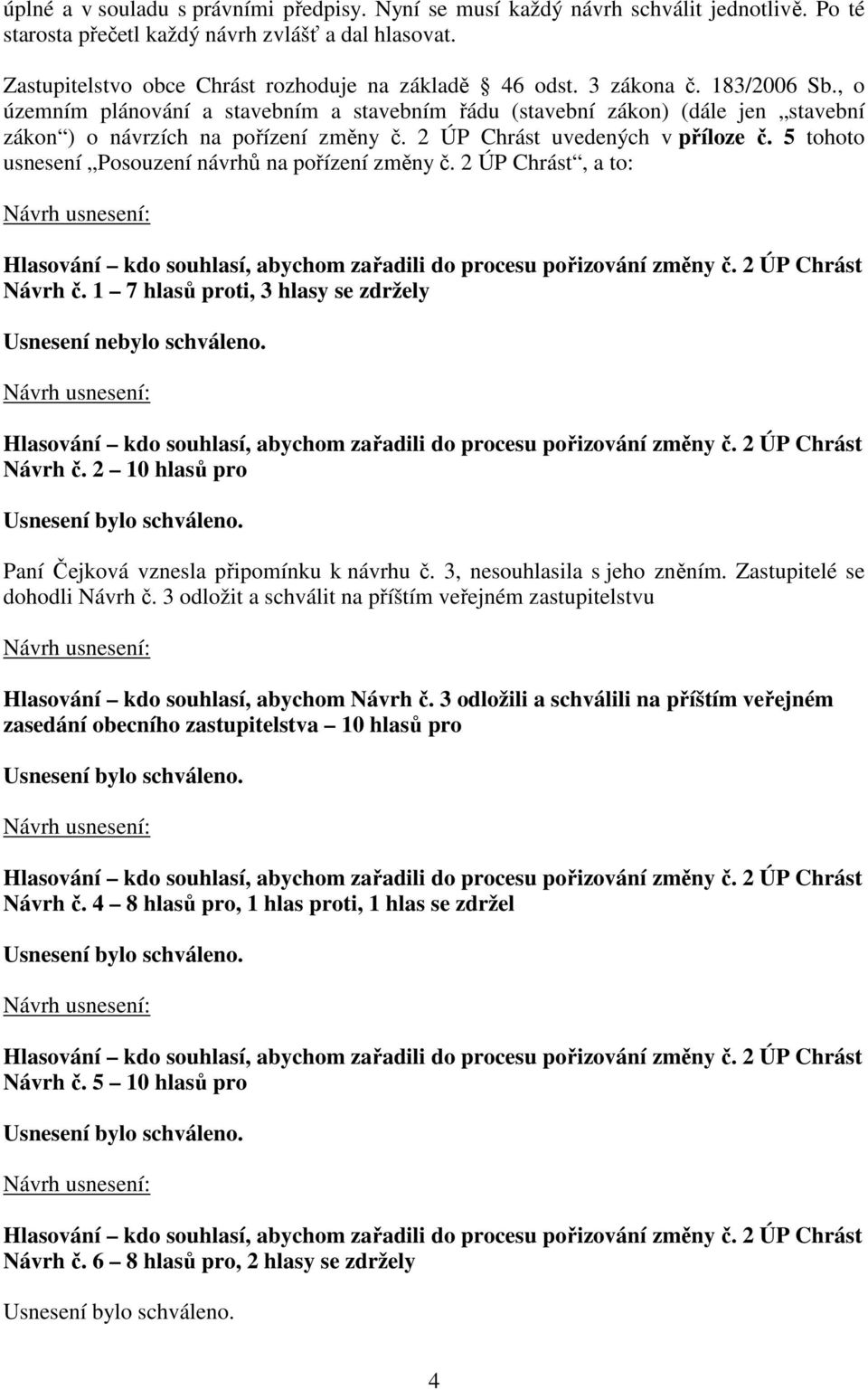 5 tohoto usnesení Posouzení návrhů na pořízení změny č. 2 ÚP Chrást, a to: Návrh č. 1 7 hlasů proti, 3 hlasy se zdržely Usnesení nebylo schváleno. Návrh č. 2 10 hlasů pro Paní Čejková vznesla připomínku k návrhu č.