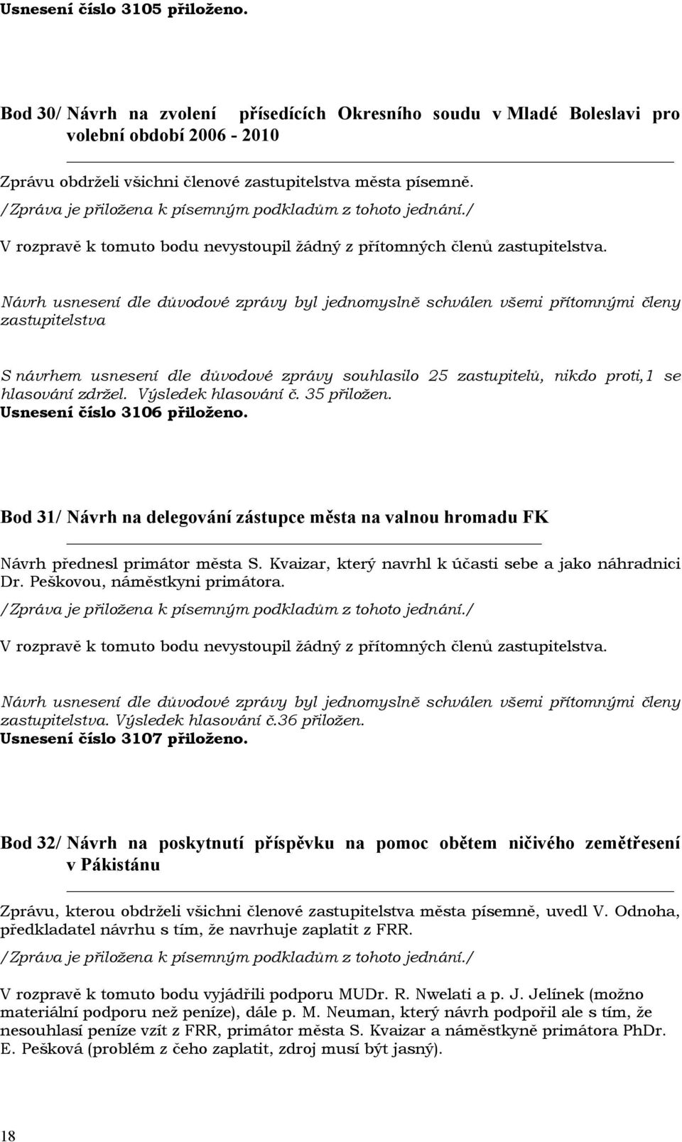 návrhem usnesení dle důvodové zprávy souhlasilo 25 zastupitelů, nikdo proti,1 se hlasování zdržel. Výsledek hlasování č. 35 přiložen. Usnesení číslo 3106 přiloženo.