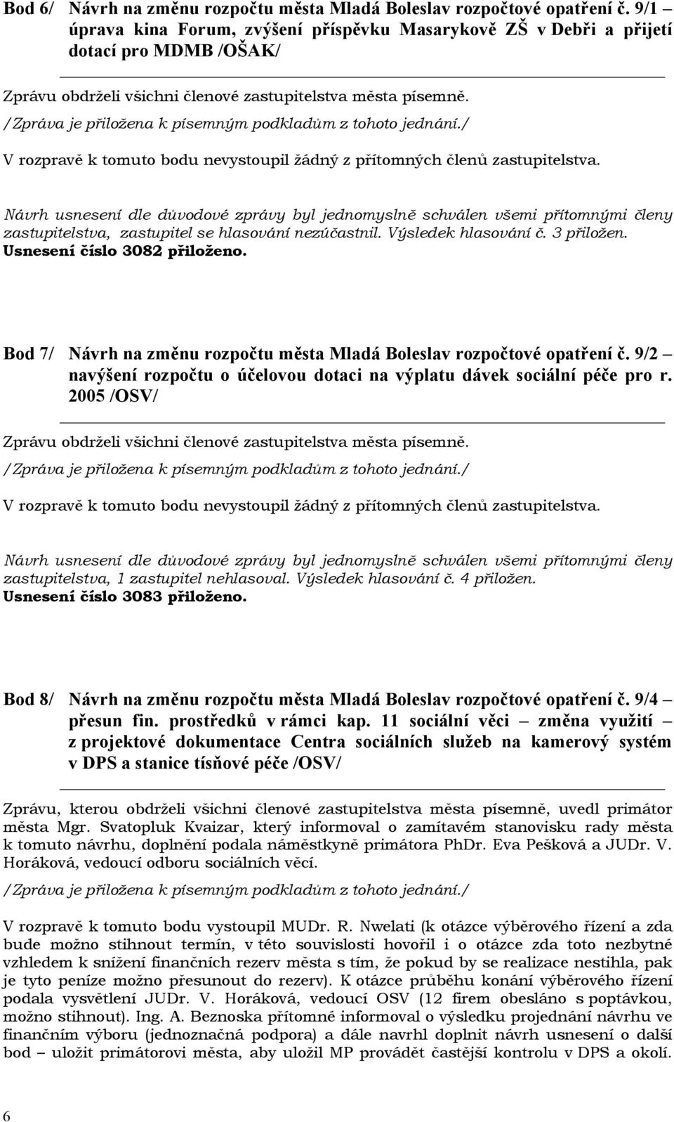 zastupitel se hlasování nezúčastnil. Výsledek hlasování č. 3 přiložen. Usnesení číslo 3082 přiloženo. Bod 7/ Návrh na změnu rozpočtu města Mladá Boleslav rozpočtové opatření č.