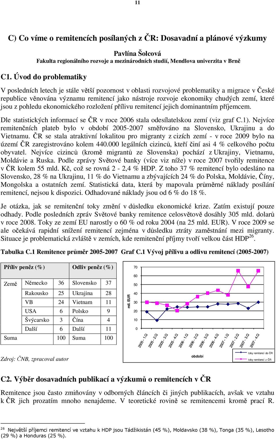 které jsou z pohledu ekonomického rozložení přílivu remitencí jejich dominantním příjemcem. Dle statistických informací se ČR v roce 2006 stala odesílatelskou zemí (viz graf C.1).